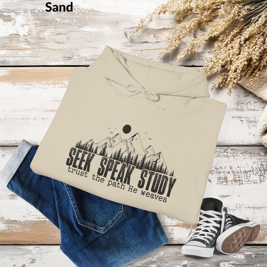 Seek Speak Study, Trust the Path He Weaves Christian Mountain Hoodie, Inspirational Hoodie, Outdoors, and Everyday Wear