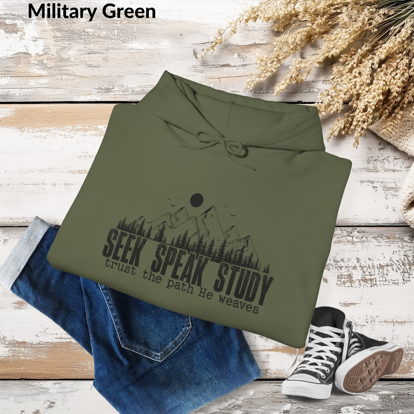 Seek Speak Study, Trust the Path He Weaves Christian Mountain Hoodie, Inspirational Hoodie, Outdoors, and Everyday Wear