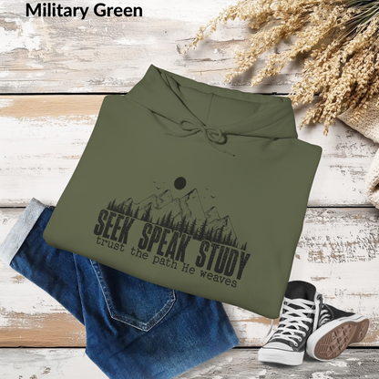 Seek Speak Study, Trust the Path He Weaves Christian Mountain Hoodie, Inspirational Hoodie, Outdoors, and Everyday Wear