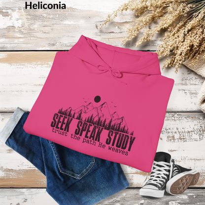 Seek Speak Study, Trust the Path He Weaves Christian Mountain Hoodie, Inspirational Hoodie, Outdoors, and Everyday Wear