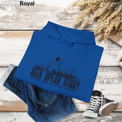 Seek Speak Study, Trust the Path He Weaves Christian Mountain Hoodie, Inspirational Hoodie, Outdoors, and Everyday Wear