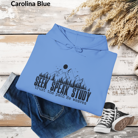 Seek Speak Study, Trust the Path He Weaves Christian Mountain Hoodie, Inspirational Hoodie, Outdoors, and Everyday Wear
