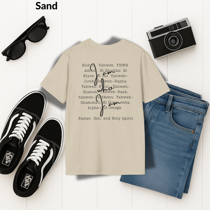 Names of God T-Shirt, Exodus 3:14, Jesus Over All Tee, Christian Typography Shirt, Faith-Based Apparel, Father, Son, and Holy Spirit Shirt