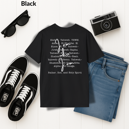 Names of God T-Shirt, Exodus 3:14, Jesus Over All Tee, Christian Typography Shirt, Faith-Based Apparel, Father, Son, and Holy Spirit Shirt