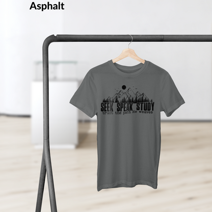 Seek Speak Study Christian T-Shirt, Faith Outdoors Shirt, Trust the Path He Weaves Tee, Hiking Scripture Shirt, Bible Verse Mountain Tee