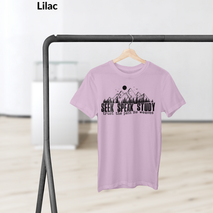 Seek Speak Study Christian T-Shirt, Faith Outdoors Shirt, Trust the Path He Weaves Tee, Hiking Scripture Shirt, Bible Verse Mountain Tee