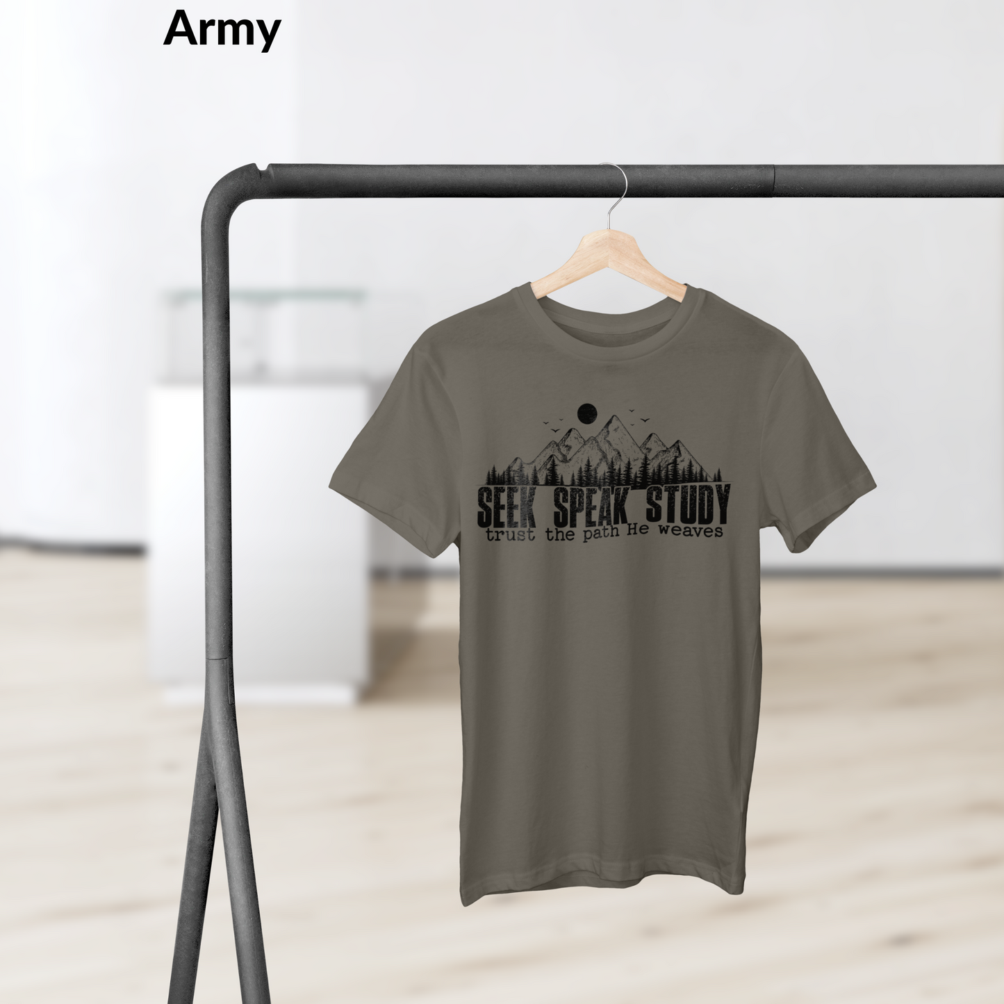 Seek Speak Study Christian T-Shirt, Faith Outdoors Shirt, Trust the Path He Weaves Tee, Hiking Scripture Shirt, Bible Verse Mountain Tee