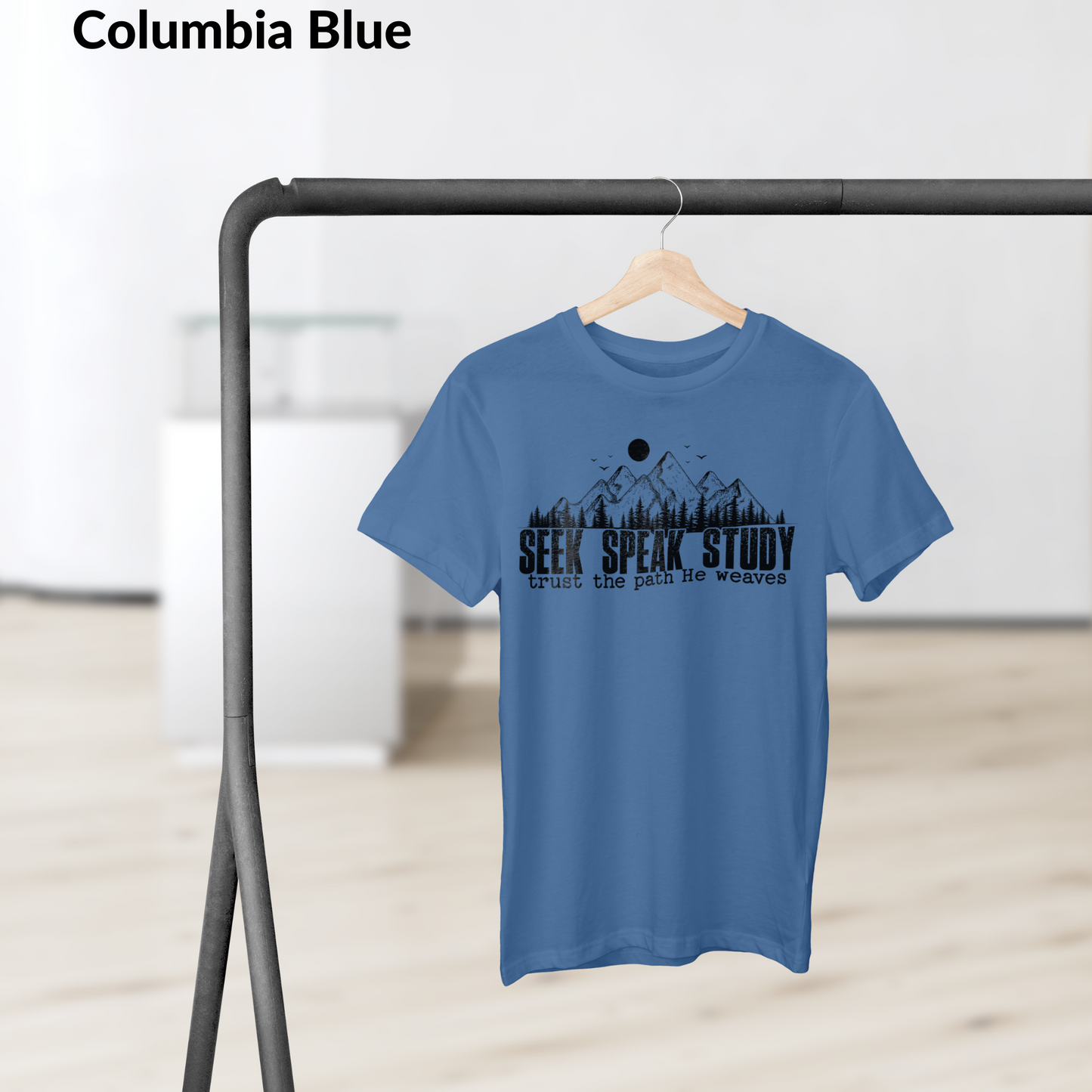 Seek Speak Study Christian T-Shirt, Faith Outdoors Shirt, Trust the Path He Weaves Tee, Hiking Scripture Shirt, Bible Verse Mountain Tee