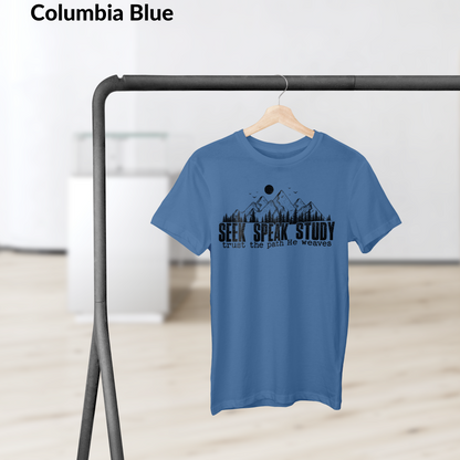 Seek Speak Study Christian T-Shirt, Faith Outdoors Shirt, Trust the Path He Weaves Tee, Hiking Scripture Shirt, Bible Verse Mountain Tee
