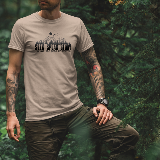 Seek Speak Study Christian T-Shirt, Faith Outdoors Shirt, Trust the Path He Weaves Tee, Hiking Scripture Shirt, Bible Verse Mountain Tee
