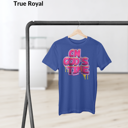 On God’s Time Graffiti Shirt, Christian Streetwear Tee, Bold Faith Drip Style T-Shirt, Urban Scripture Shirt, Fuchsia Jesus Graphic Tee