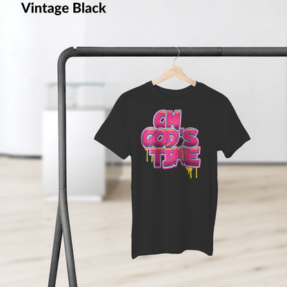On God’s Time Graffiti Shirt, Christian Streetwear Tee, Bold Faith Drip Style T-Shirt, Urban Scripture Shirt, Fuchsia Jesus Graphic Tee