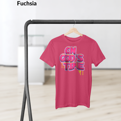 On God’s Time Graffiti Shirt, Christian Streetwear Tee, Bold Faith Drip Style T-Shirt, Urban Scripture Shirt, Fuchsia Jesus Graphic Tee