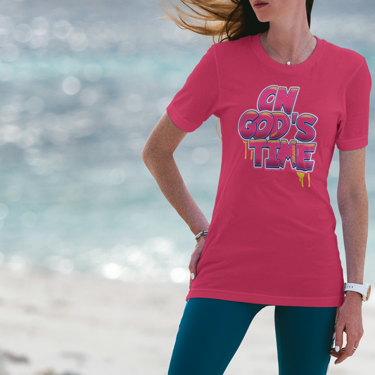 On God’s Time Graffiti Shirt, Christian Streetwear Tee, Bold Faith Drip Style T-Shirt, Urban Scripture Shirt, Fuchsia Jesus Graphic Tee