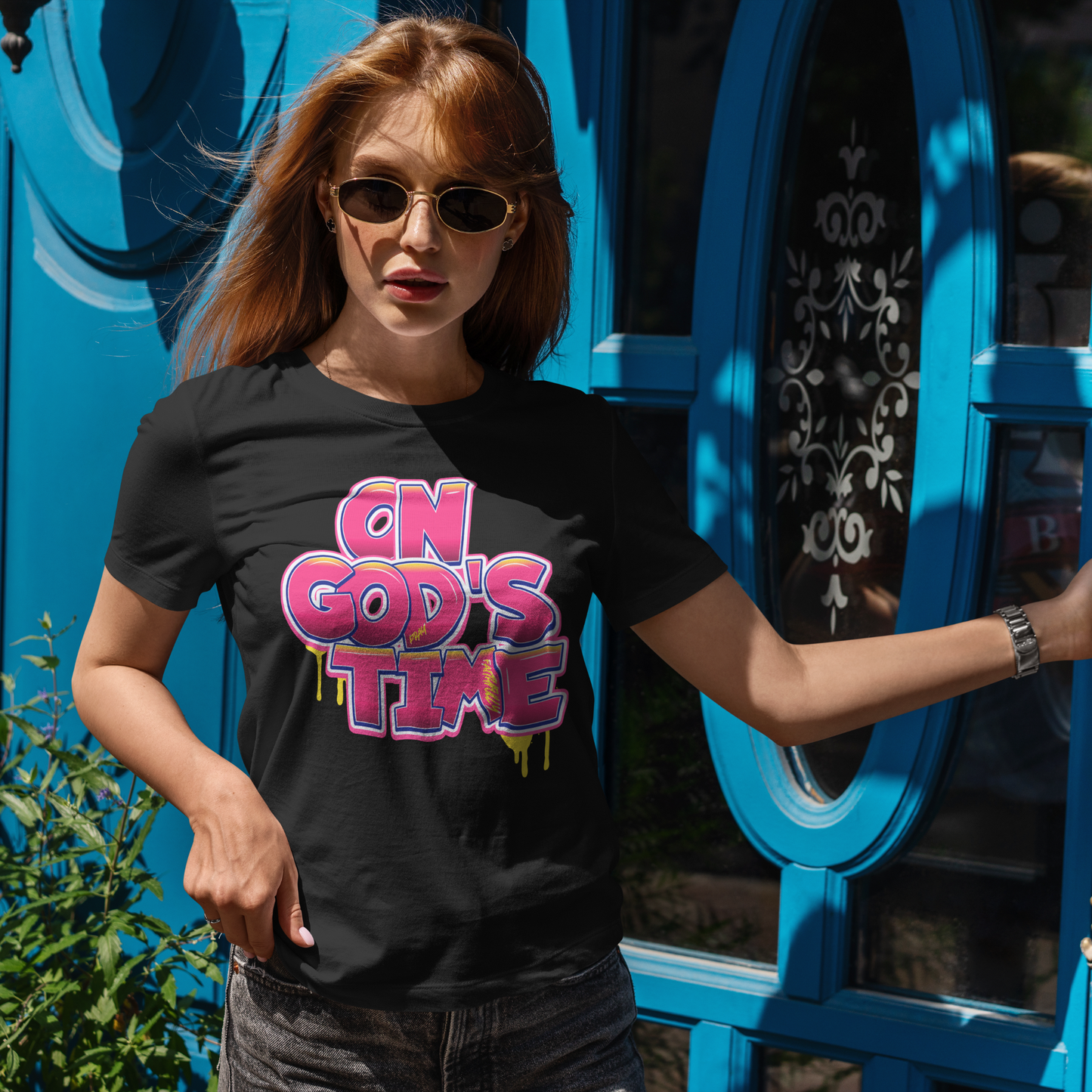 On God’s Time Graffiti Shirt, Christian Streetwear Tee, Bold Faith Drip Style T-Shirt, Urban Scripture Shirt, Fuchsia Jesus Graphic Tee