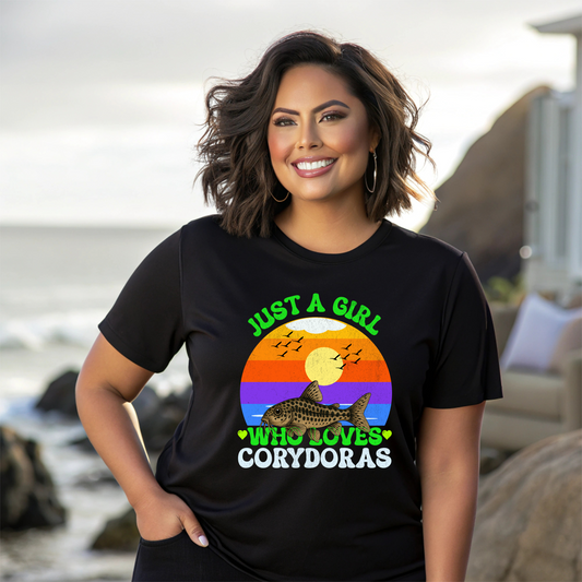 Just a Girl Who Loves Corydoras Shirt, Cute Catfish Tee for Aquarium Lovers, Retro Sunset Fish Lover Gift, Corydora T-Shirt for Women