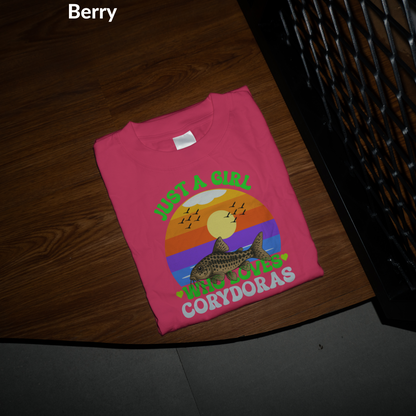 Just a Girl Who Loves Corydoras Shirt, Cute Catfish Tee for Aquarium Lovers, Retro Sunset Fish Lover Gift, Corydora T-Shirt for Women