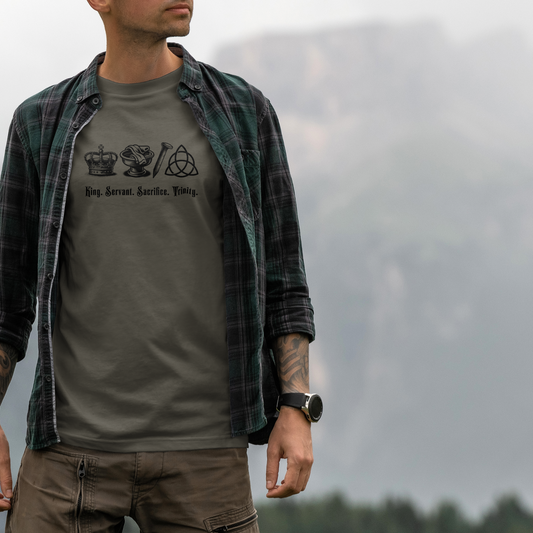 Gospel Message Tee, Christian Shirt, King Jesus, Basin & Towel, Nail, Trinity Symbol