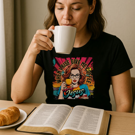 When I Rise Give Me Coffee and Jesus Shirt, Retro Christian Graphic Tee, Pop Art Jesus and Coffee T-Shirt for Women, Faith and Caffeine Gift
