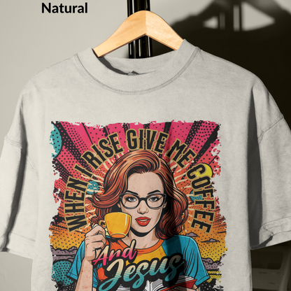 When I Rise Give Me Coffee and Jesus Shirt, Retro Christian Graphic Tee, Pop Art Jesus and Coffee T-Shirt for Women, Faith and Caffeine Gift
