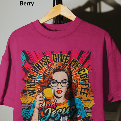 When I Rise Give Me Coffee and Jesus Shirt, Retro Christian Graphic Tee, Pop Art Jesus and Coffee T-Shirt for Women, Faith and Caffeine Gift