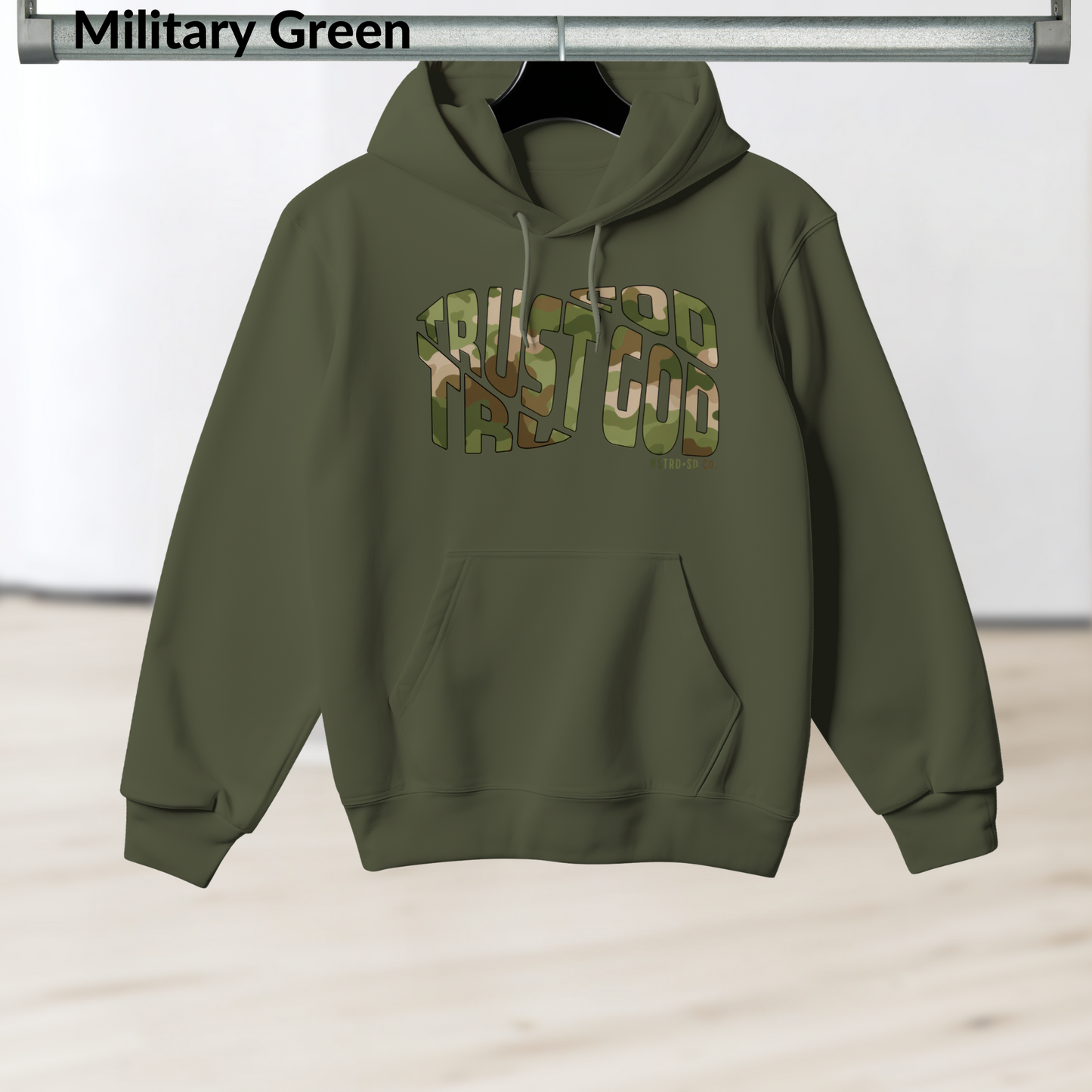 Trust God Camo Hoodie, Christian Faith Heavy Blend Sweatshirt, MSTRD•SD Co. Bold Graphic Pullover, Unisex Scripture Hoodie, Religious Streetwear