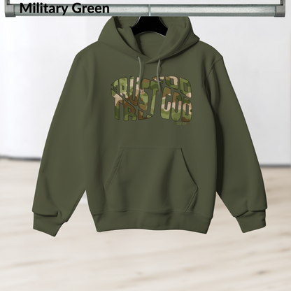 Trust God Camo Hoodie, Christian Faith Heavy Blend Sweatshirt, MSTRD•SD Co. Bold Graphic Pullover, Unisex Scripture Hoodie, Religious Streetwear