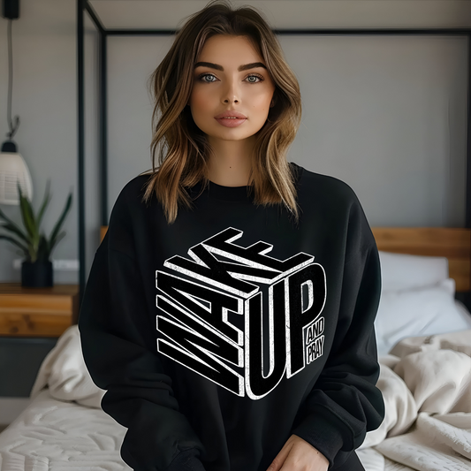 Wake Up and Pray Sweatshirt, Christian Faith Crewneck, Black Bold Typography Jesus Sweater, Unisex Heavy Blend Prayer Shirt