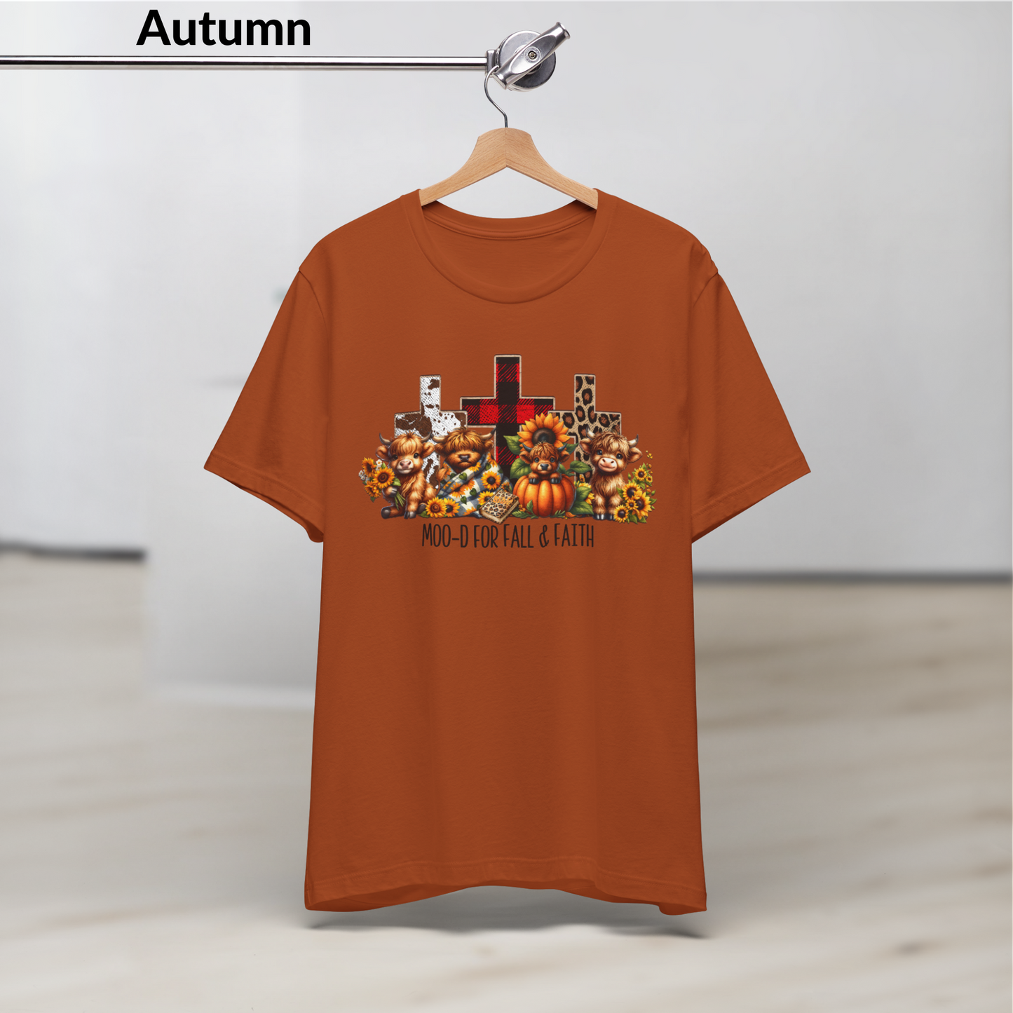 Moo-d for Fall & Faith Shirt, Highland Cow Fall Christian Tee, Autumn Jesus T-Shirt with Crosses and Pumpkins, Short Sleeve Faith Shirt