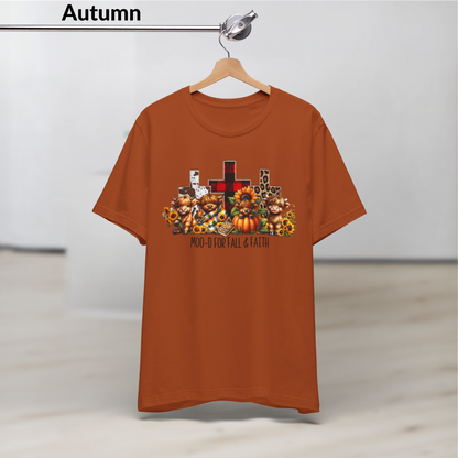Moo-d for Fall & Faith Shirt, Highland Cow Fall Christian Tee, Autumn Jesus T-Shirt with Crosses and Pumpkins, Short Sleeve Faith Shirt