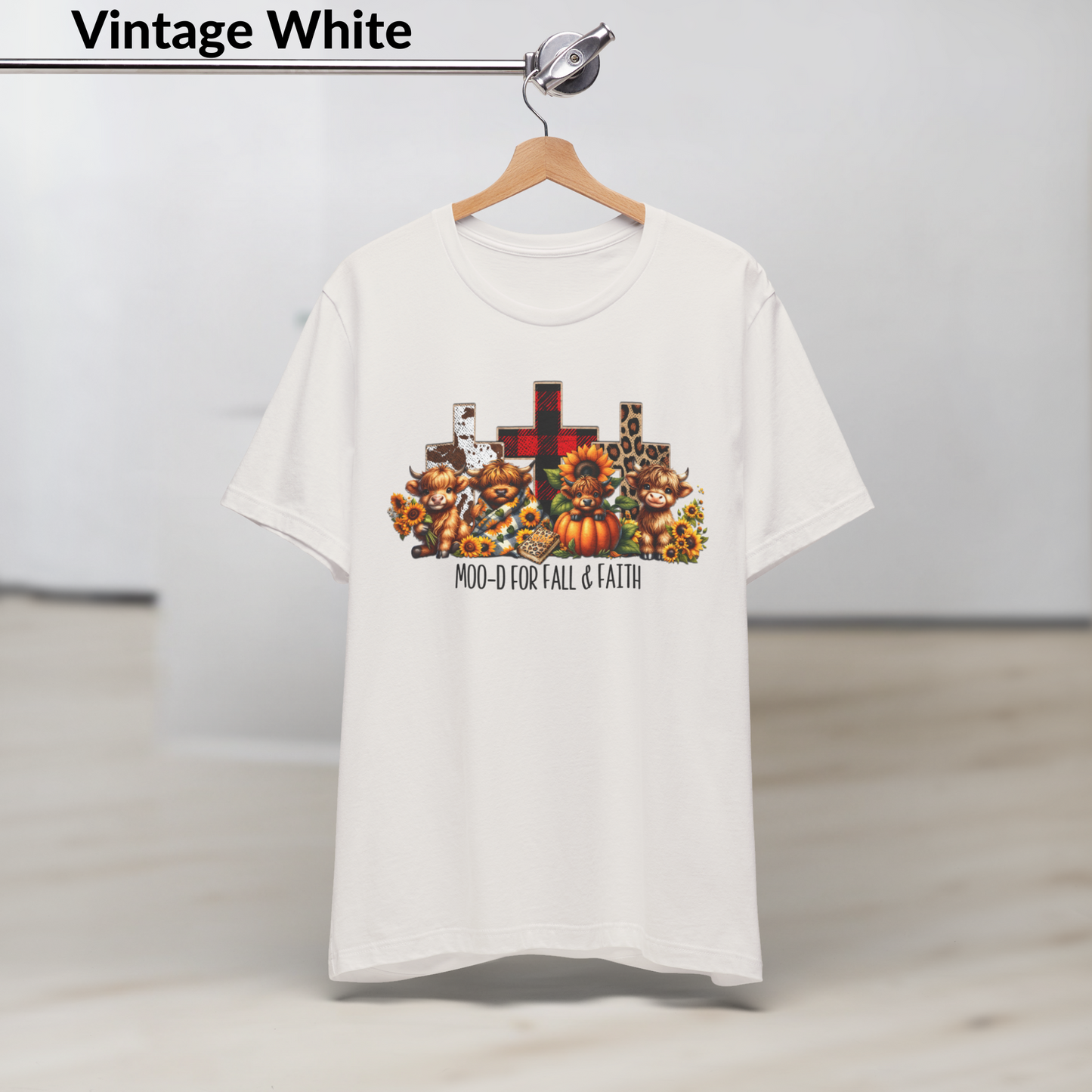 Moo-d for Fall & Faith Shirt, Highland Cow Fall Christian Tee, Autumn Jesus T-Shirt with Crosses and Pumpkins, Short Sleeve Faith Shirt