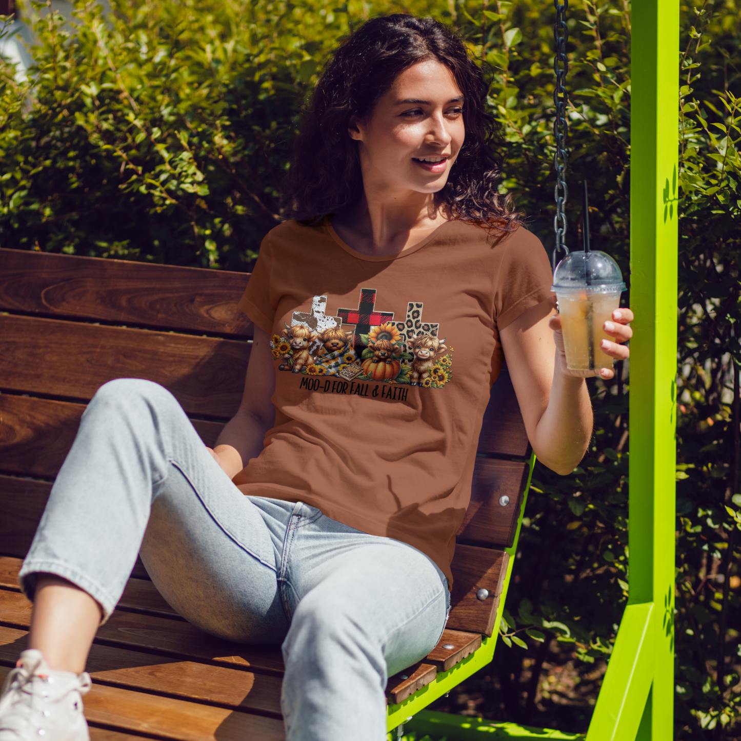 Moo-d for Fall & Faith Shirt, Highland Cow Fall Christian Tee, Autumn Jesus T-Shirt with Crosses and Pumpkins, Short Sleeve Faith Shirt