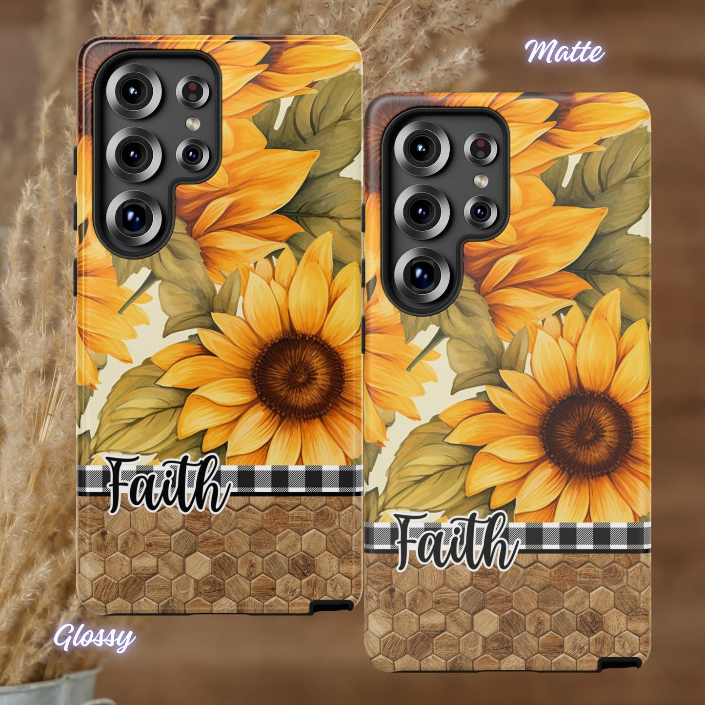 Sunflower & Faith Phone Case, Christian Floral iPhone Cover with Buffalo Plaid and Wood Pattern, iPhone Case, Samsung Case, Tough Protective Cover