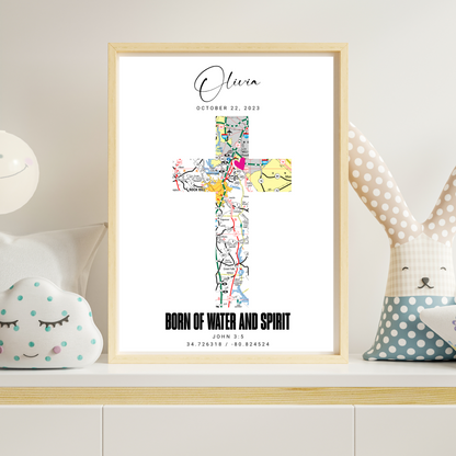 Personalized Cross Map Wall Art Print, Born of Water and Spirit, Baptism Keepsake, Christian Decor