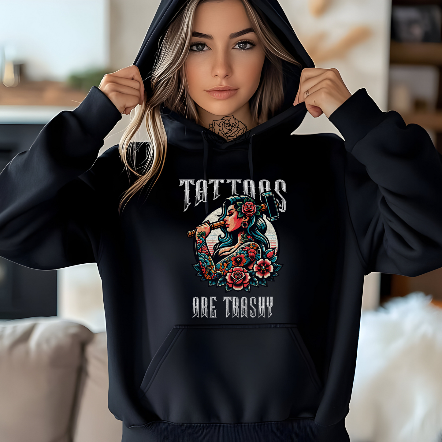 Tattoos Are Trashy Hoodie, Funny Tattoo Lover Pullover, Bold Graphic Sweatshirt