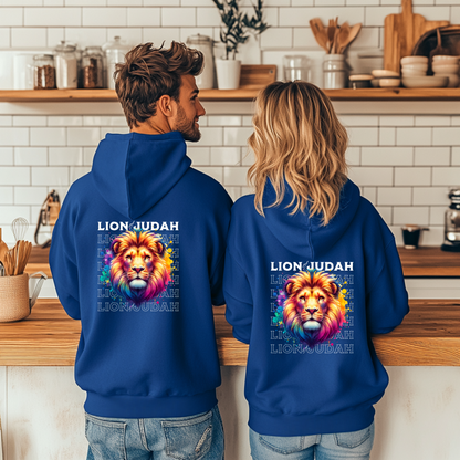 Lion of Judah Christian Sweatshirt, Inspirational Religious Apparel, Bold and Vibrant Lion Hoodie, Faith-Based Clothing Hooded Sweatshirt