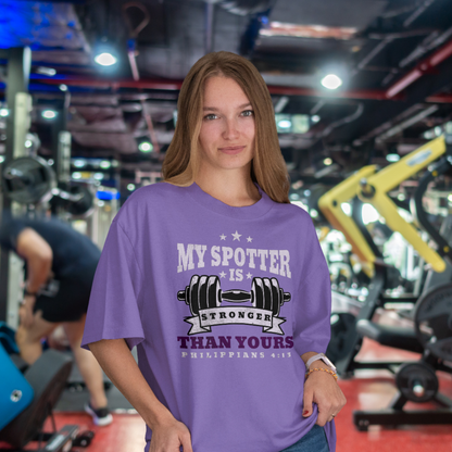 My Spotter Is Stronger Christian Gym Shirt, Philippians 4:13 Faith Workout Tee