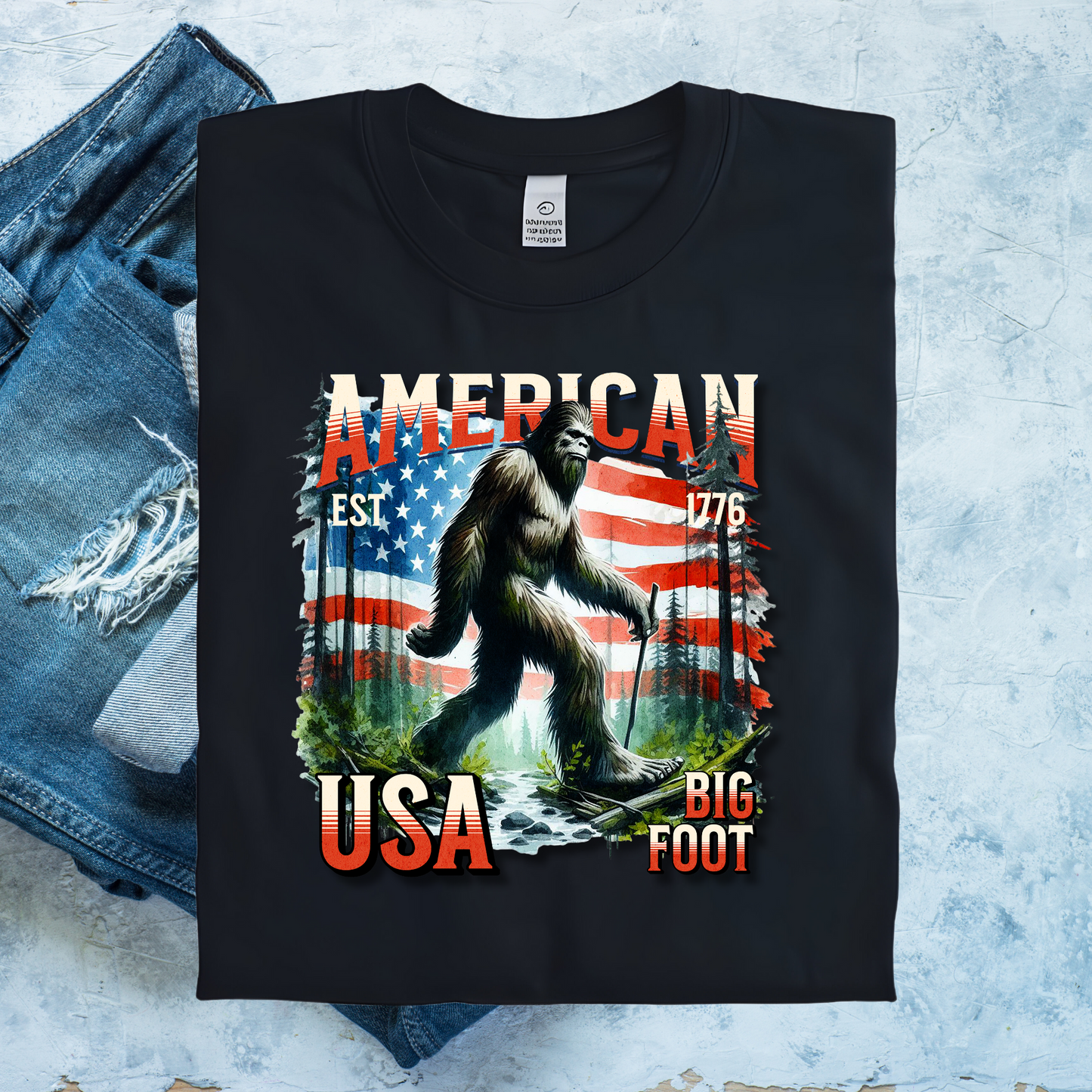 American Bigfoot T-Shirt, Patriotic USA Sasquatch Graphic Tee, Est. 1776 Vintage Style Shirt, Patriotic Gift