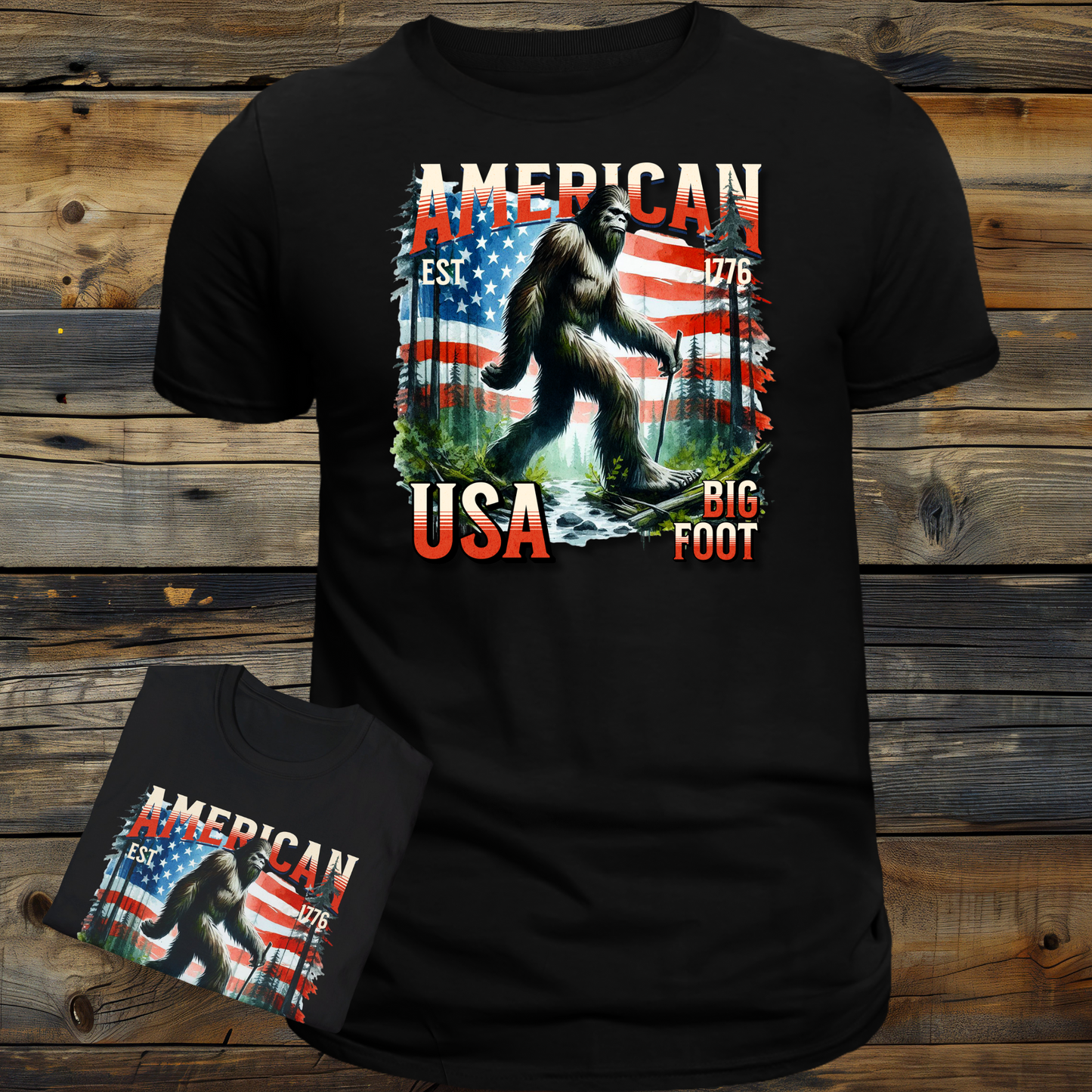American Bigfoot T-Shirt, Patriotic USA Sasquatch Graphic Tee, Est. 1776 Vintage Style Shirt, Patriotic Gift