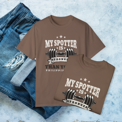 My Spotter Is Stronger Christian Gym Shirt, Philippians 4:13 Faith Workout Tee