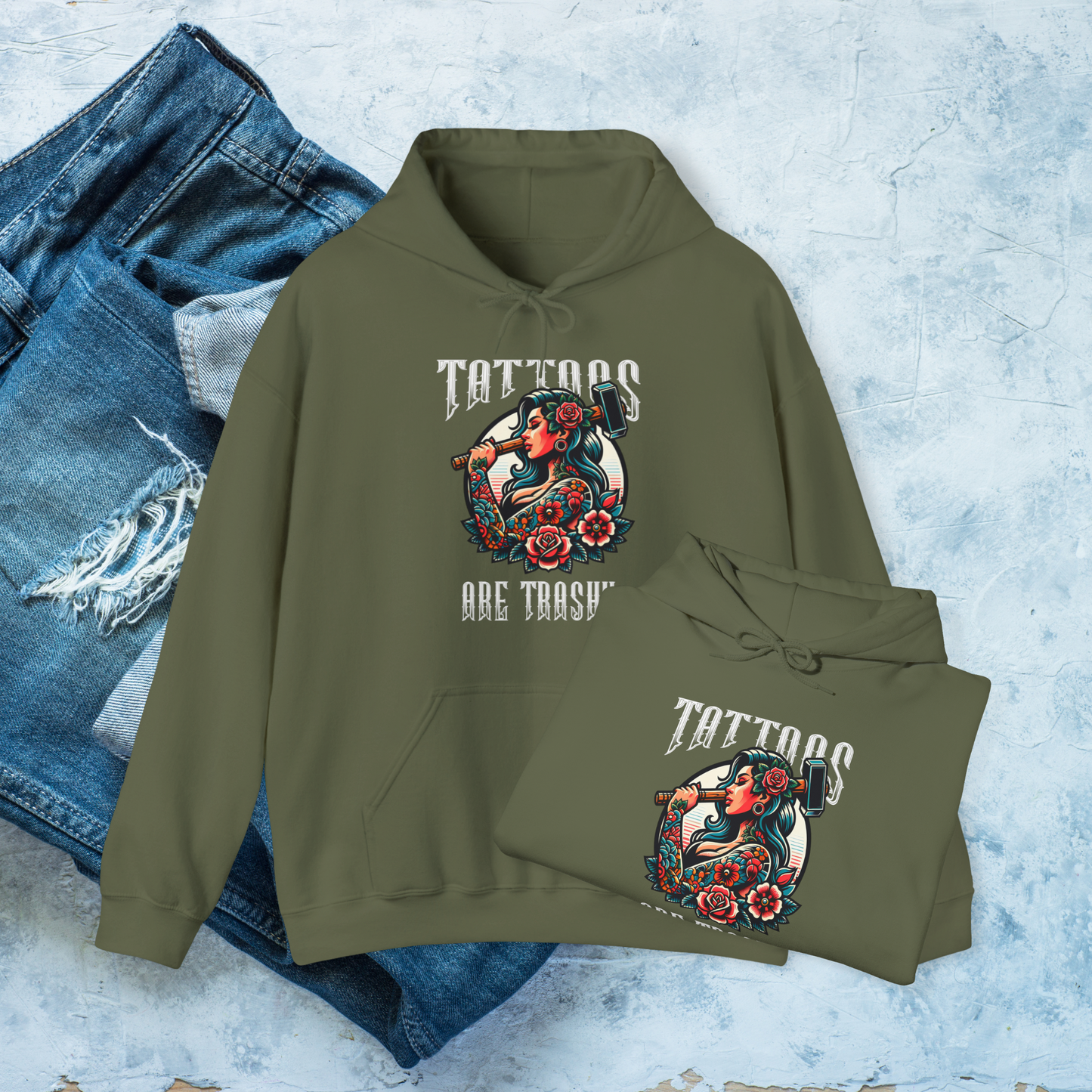 Tattoos Are Trashy Hoodie, Funny Tattoo Lover Pullover, Bold Graphic Sweatshirt
