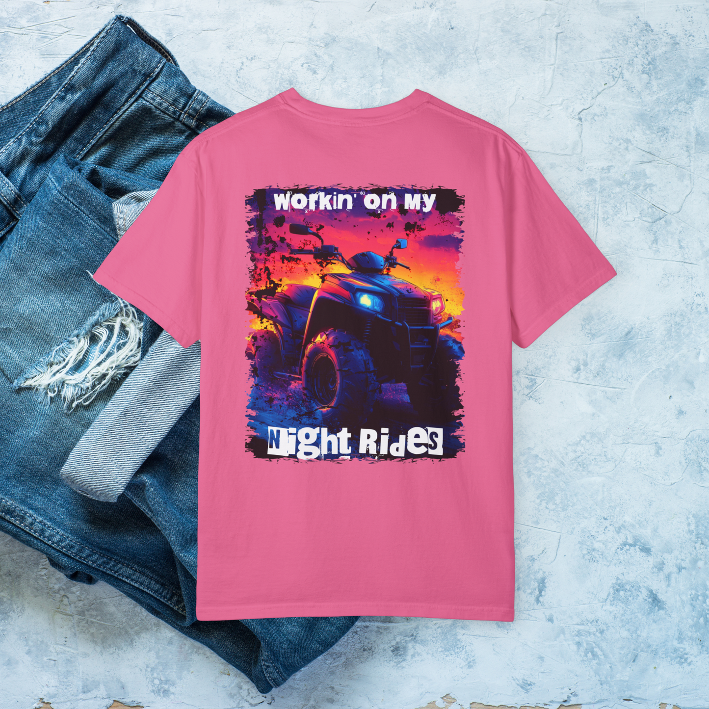 Workin' on my Night Ride Tee, ATV T-Shirt, Off-Road Adventure Tee, Four Wheeler Graphic Shirt, ATV Enthusiast Gift, Mud Riding T-Shirt