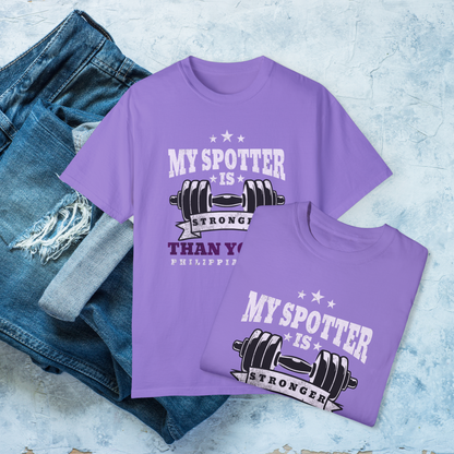 My Spotter Is Stronger Christian Gym Shirt, Philippians 4:13 Faith Workout Tee
