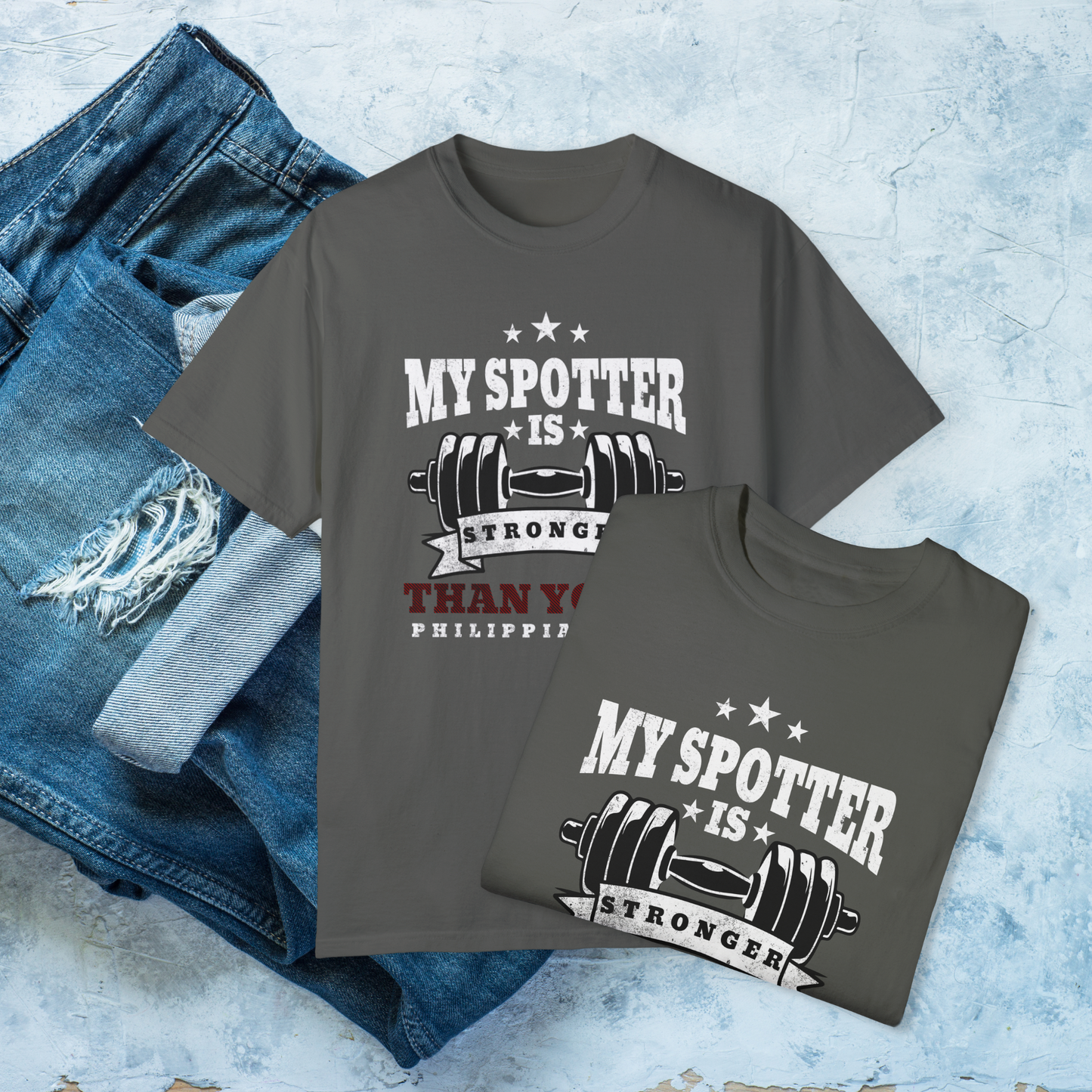 My Spotter Is Stronger Christian Gym Shirt, Philippians 4:13 Faith Workout Tee