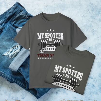 My Spotter Is Stronger Christian Gym Shirt, Philippians 4:13 Faith Workout Tee