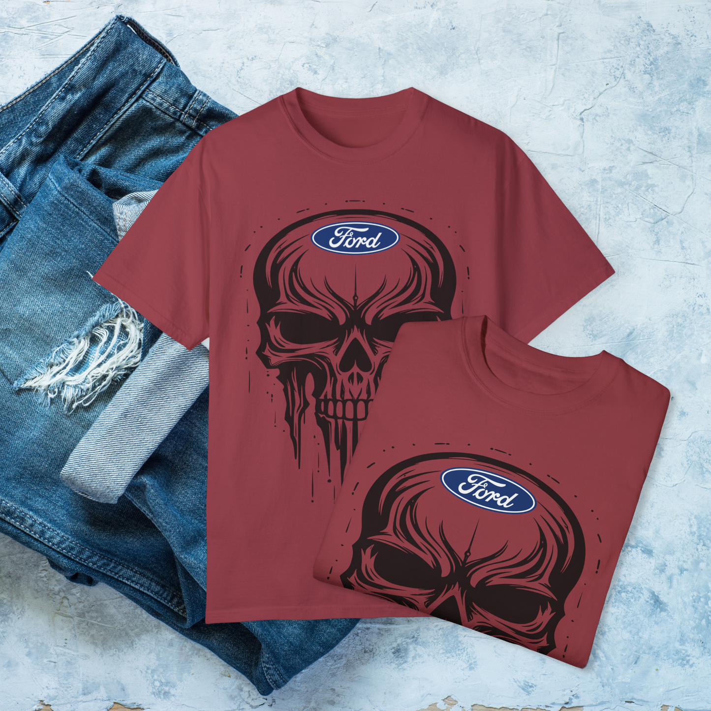Skull T-Shirt, Dripping Skull Automotive Graphic Tee, Bold Car Enthusiast Shirt, Perfect Apparel for Ford Fans