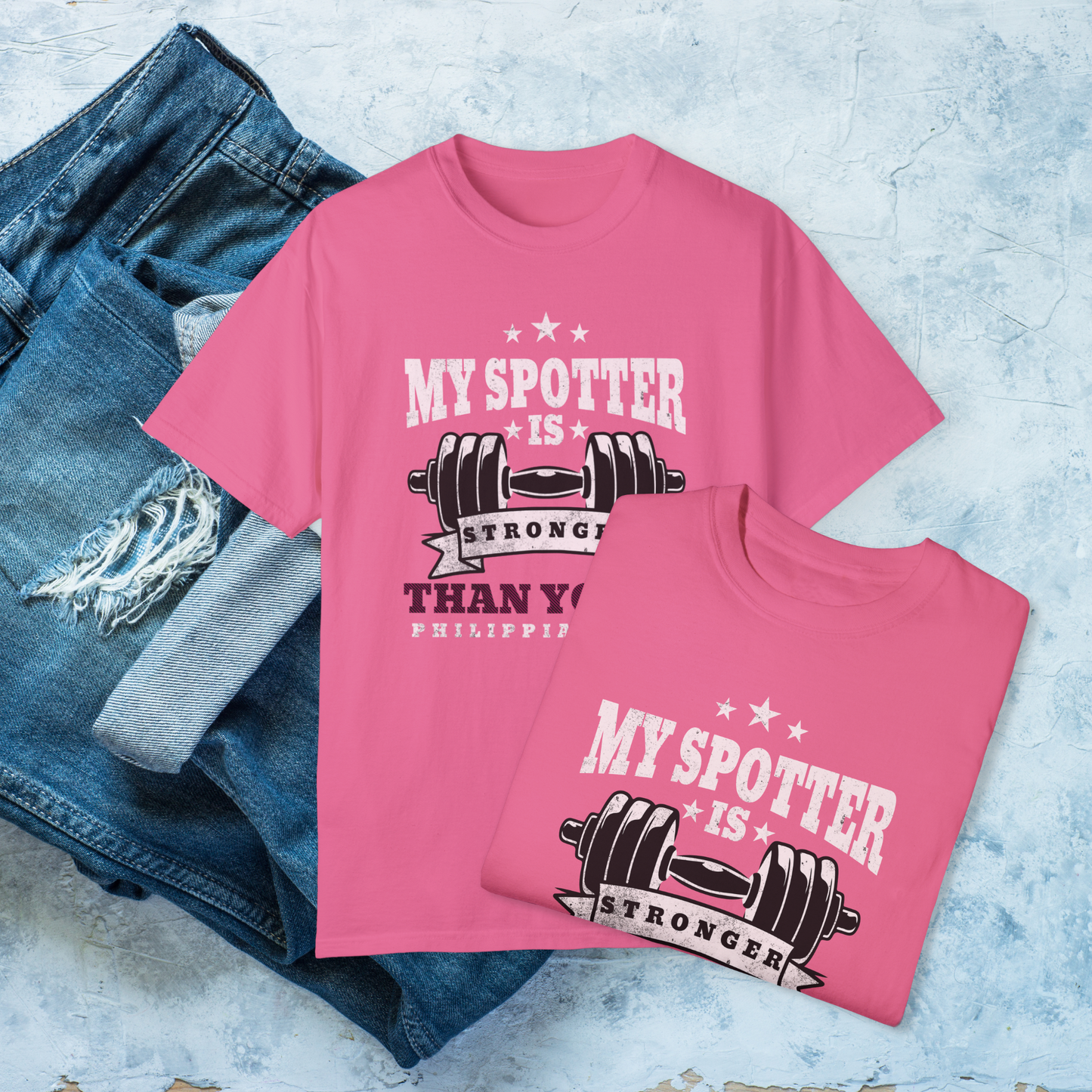 My Spotter Is Stronger Christian Gym Shirt, Philippians 4:13 Faith Workout Tee