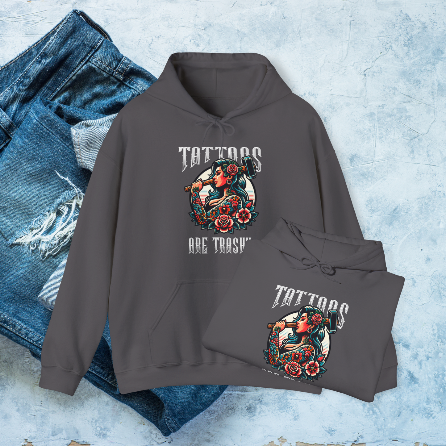 Tattoos Are Trashy Hoodie, Funny Tattoo Lover Pullover, Bold Graphic Sweatshirt
