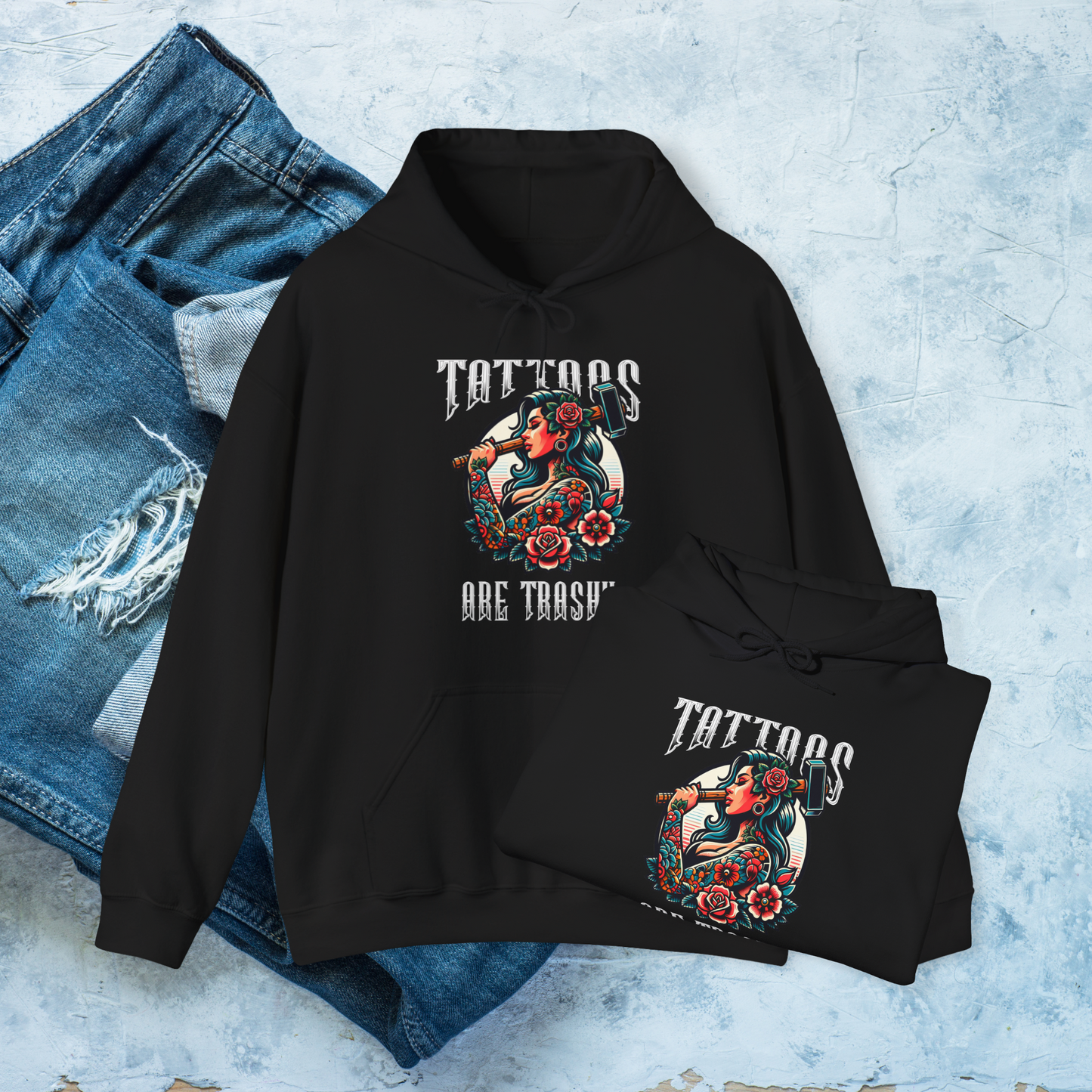 Tattoos Are Trashy Hoodie, Funny Tattoo Lover Pullover, Bold Graphic Sweatshirt
