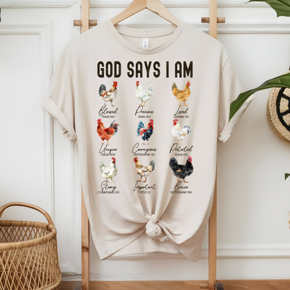 God Says I Am Chicken T-Shirt, Christian Farm Tee, Bible Verse Shirt, Inspirational Faith Shirt, Unique Rooster Design Tee, Religious Graphic Tee